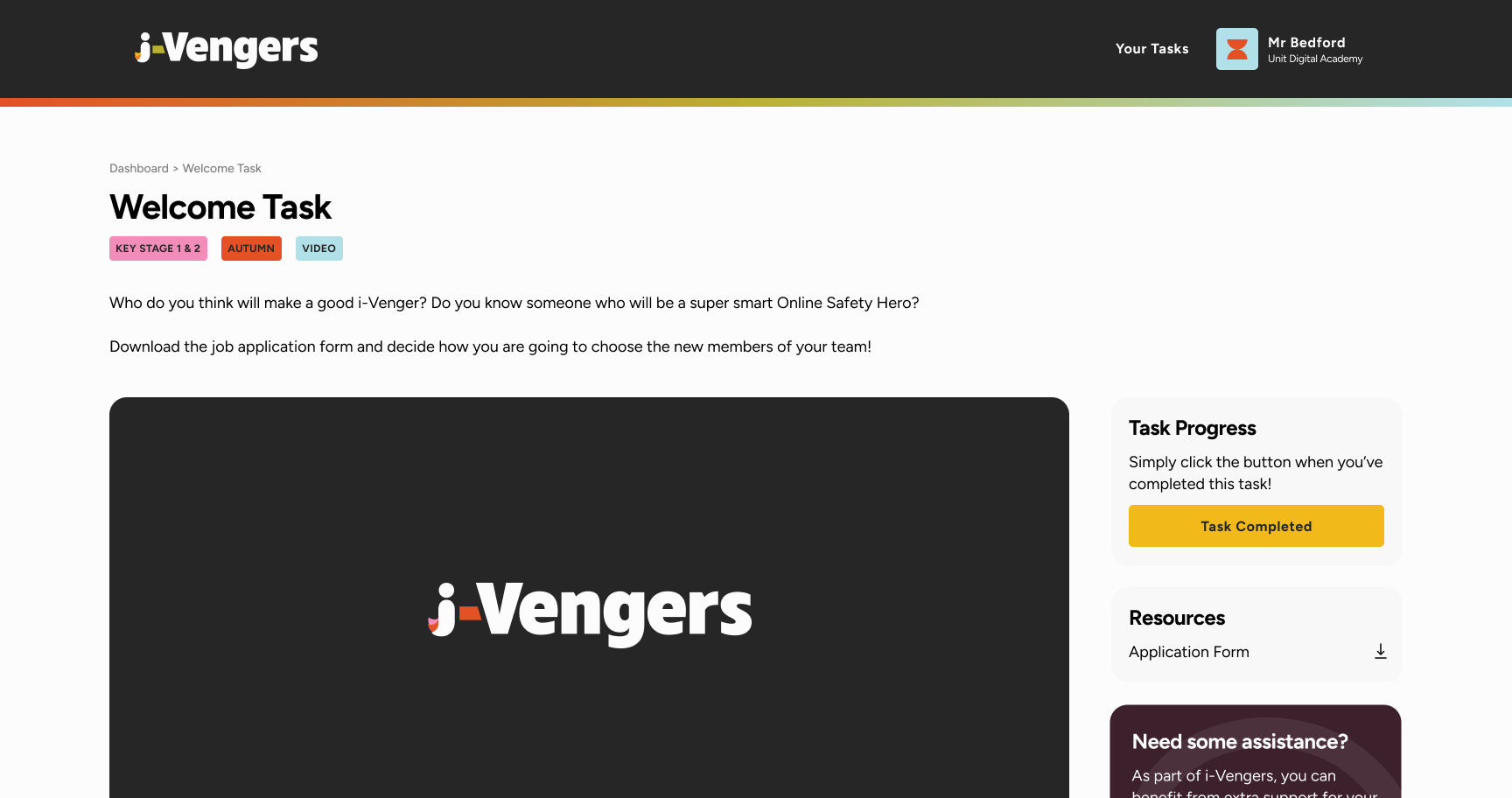 A task detail page, showing the video, description and task progress