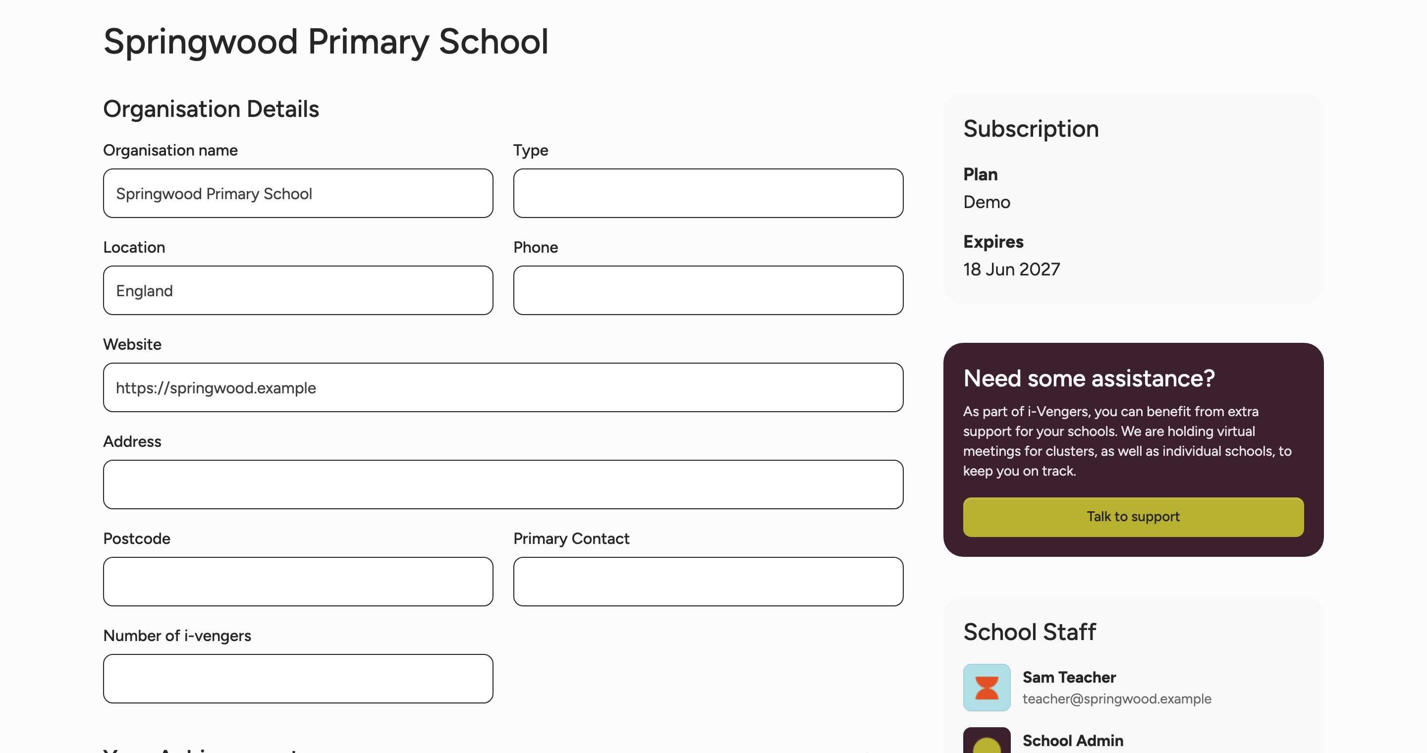 An organisation profile page, showing details, subscription and staff