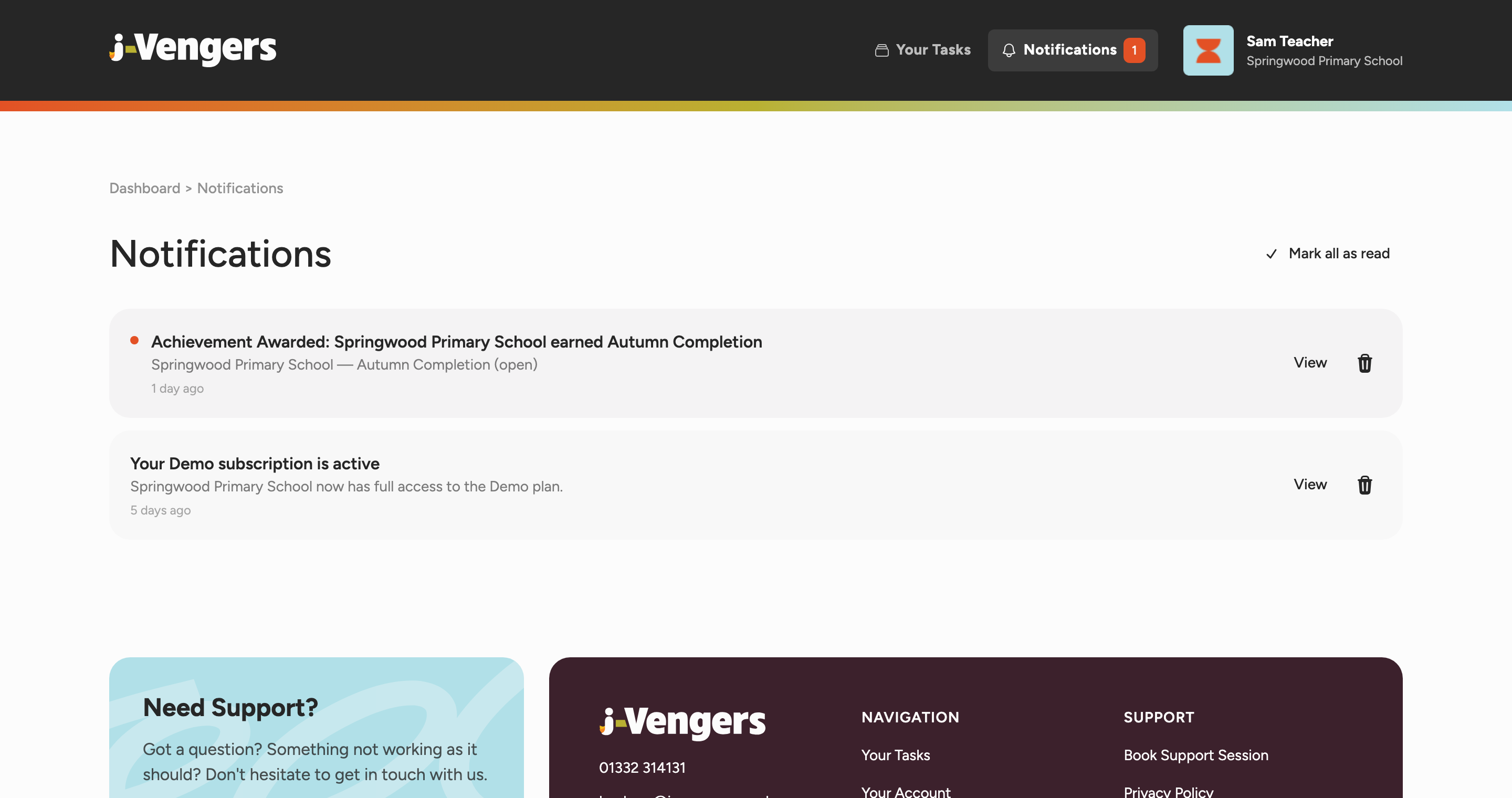 The notifications inbox, showing an achievement and a subscription update